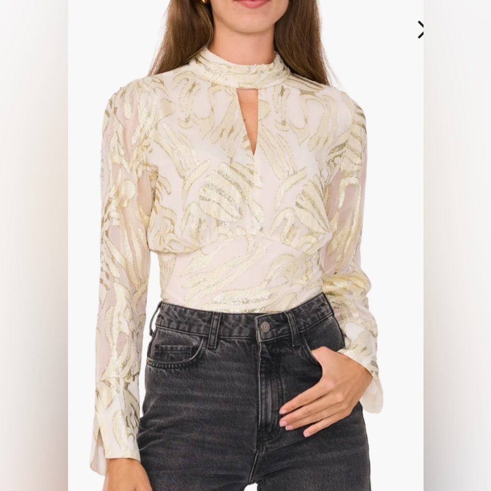 Parker brand long-sleeved, sheer top with gold detailing.